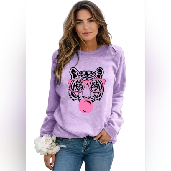 2FOR$30 - Purple Tiger in Pink Glasses Round Neck Sweatshirt w/Fleece Lining - Picture 4 of 4